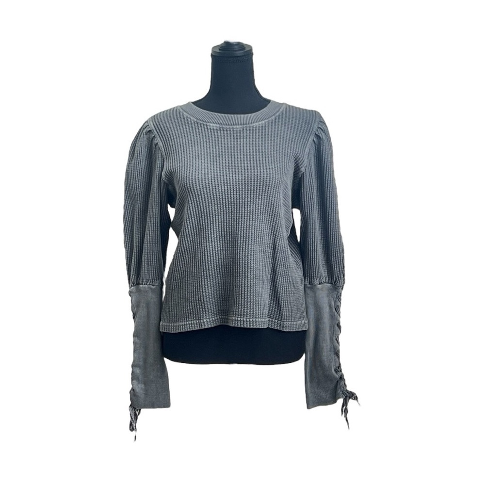 Free People Gray Ribbed Tie Front Long Sleeve Blouse - Picture 2 of 9